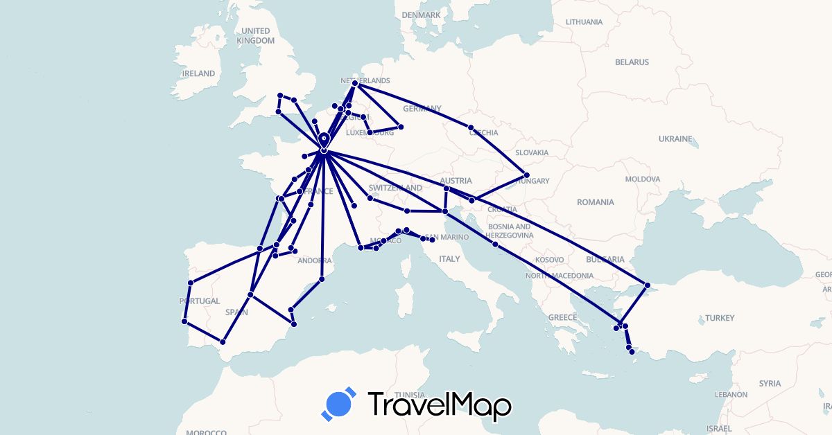 TravelMap itinerary: driving in Austria, Belgium, Switzerland, Czech Republic, Germany, Spain, France, United Kingdom, Croatia, Hungary, Italy, Luxembourg, Netherlands, Portugal, Slovenia, Turkey (Asia, Europe)